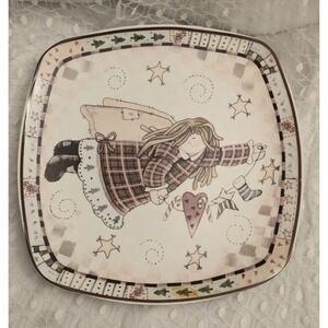 LTD Commodities Christmas 12" Square Ceramic Cake Plate Patchwork Folk Art Angel